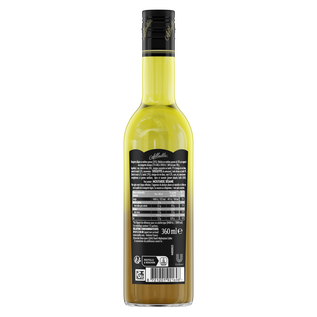 Vue arrière de la vinaigrette légère Maille au basilic avec pointe de miel, format 36 cl. Le dos de la bouteille en verre présente les informations produit, la liste des ingrédients, les valeurs nutritionnelles, le code-barres, les consignes de recyclage et les mentions légales. La vinaigrette aux teintes dorées et ambrées est visible à travers la bouteille, qui est détourée sur fond transparent.