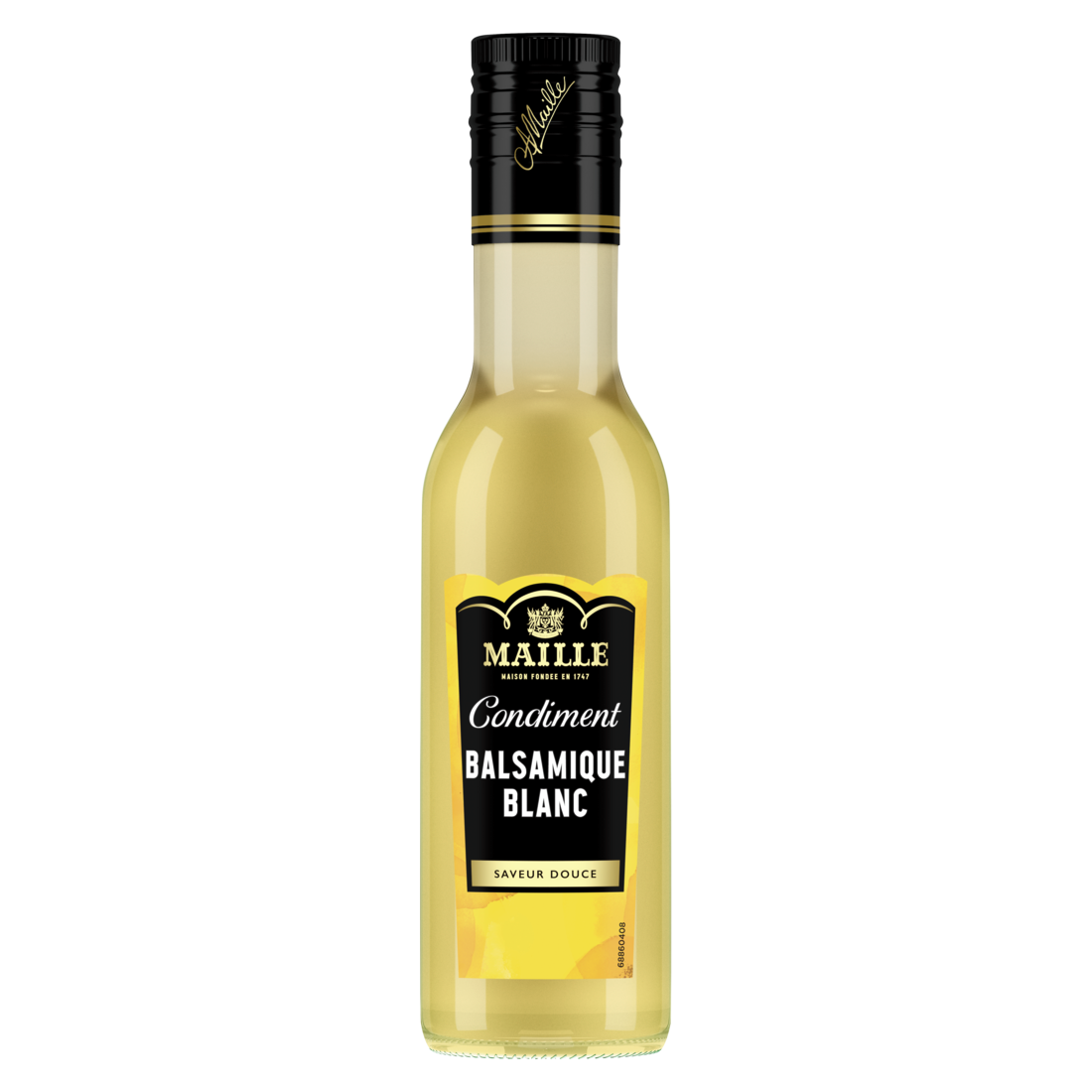 Condiment balsamique blanc Maille en bouteille en verre. Cette recette à la saveur douce est présentée dans un élégant flacon transparent avec étiquette noire et jaune signature de la Maison Maille.