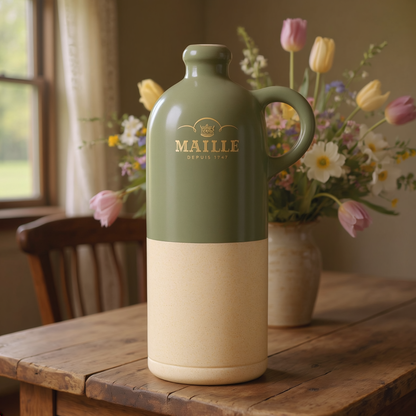 Cruche Maille en céramique bicolore vert sauge et beige naturel posée sur une table en bois dans un intérieur chaleureux. Le logo Maille doré est visible sur la face avant. À l’arrière-plan, un bouquet de tulipes et de fleurs champêtres aux tons pastel apporte une touche élégante et printanière à cette mise en scène inspirée de l’art de vivre à la française.