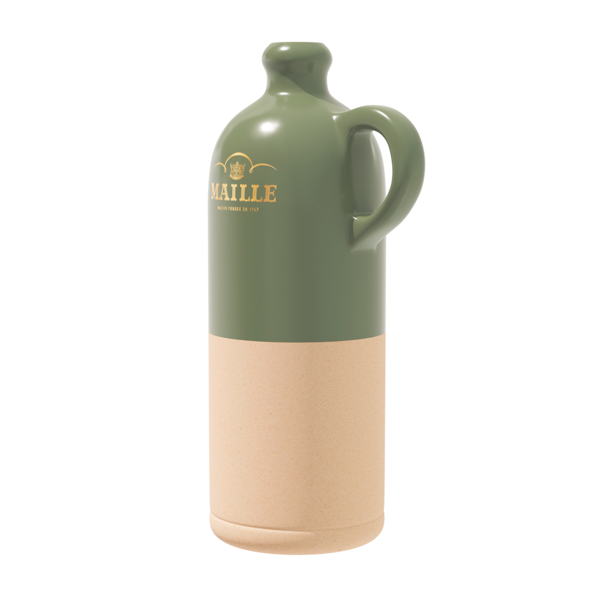 Cruche Maille en céramique bicolore vert sauge brillant et beige naturel, présentée en vue de trois quarts sur fond clair. Son anse arrondie et ses lignes épurées mettent en valeur son design élégant, tandis que le logo Maille doré apporte une touche raffinée.
