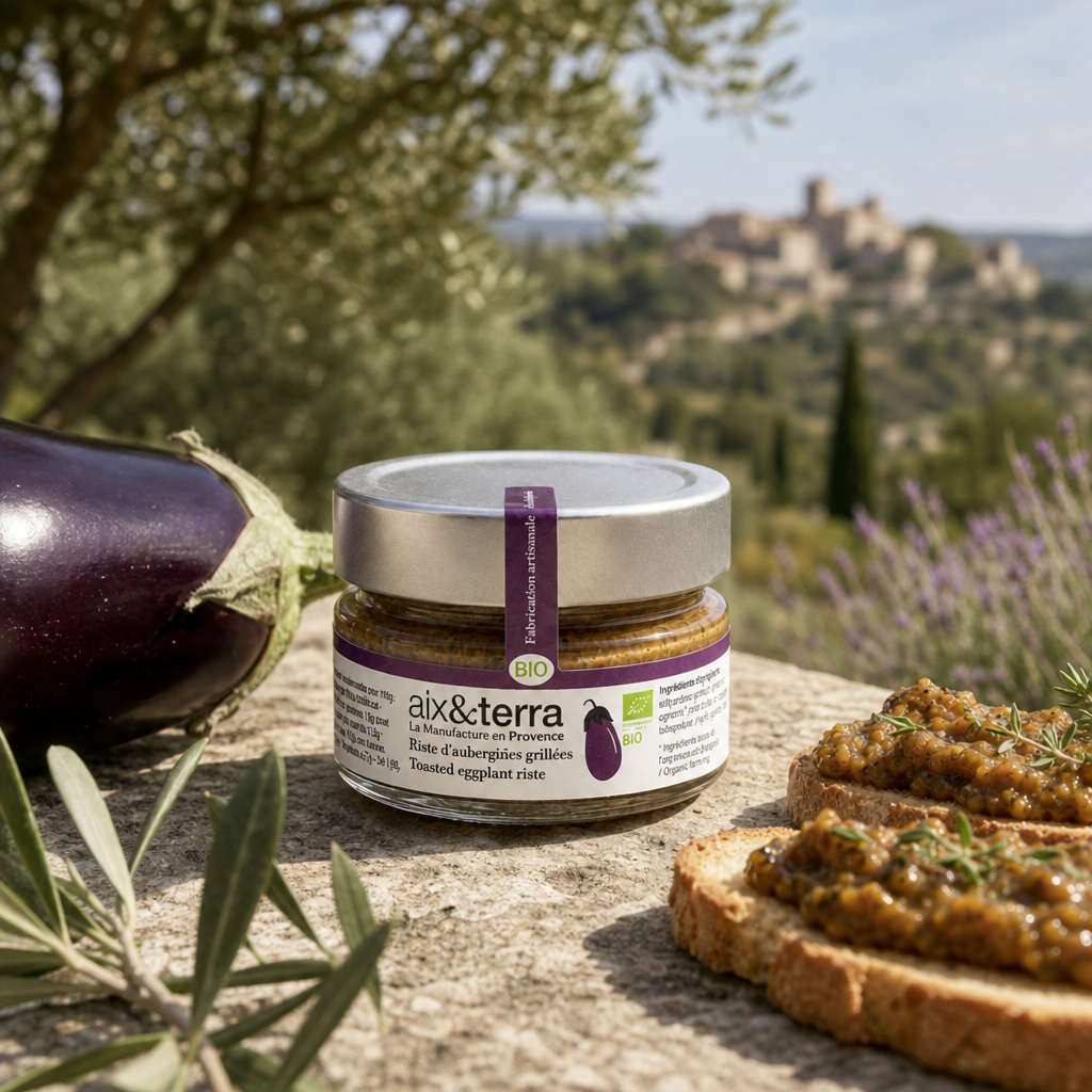Pot de riste d’aubergines grillées bio Aix & Terra présenté en extérieur sur une table en pierre, au cœur d’un paysage provençal. Le produit est accompagné de tartines garnies de riste d’aubergines, d’une aubergine fraîche, de branches d’olivier et de lavande. En arrière-plan, un village perché et la campagne méditerranéenne créent une atmosphère authentique et ensoleillée.