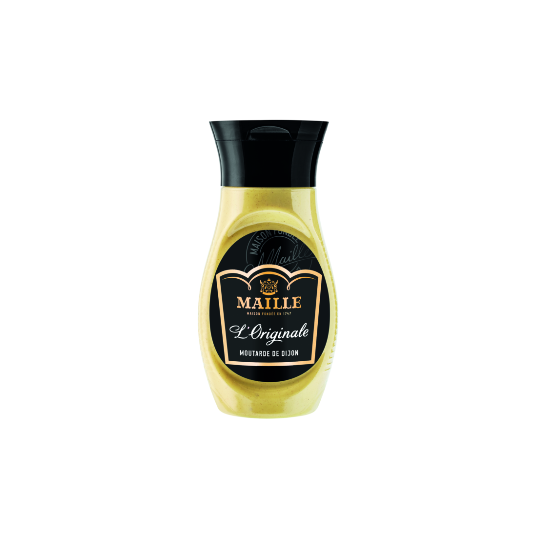 Moutarde de Dijon Maille L’Originale présentée dans un flacon souple avec bouchon noir. La moutarde de couleur jaune doré est visible à travers l’emballage. Le produit est détouré sur fond transparent, mettant en valeur le packaging noir et or emblématique de Maille ainsi que la mention « L’Originale - Moutarde de Dijon ».