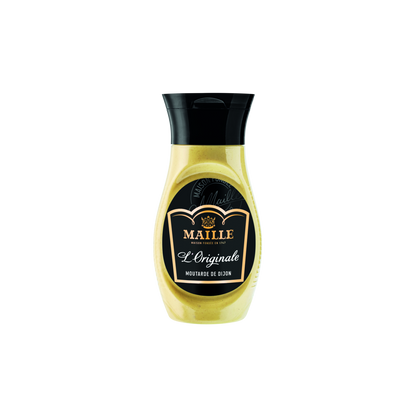Moutarde de Dijon Maille L’Originale présentée dans un flacon souple avec bouchon noir. La moutarde de couleur jaune doré est visible à travers l’emballage. Le produit est détouré sur fond transparent, mettant en valeur le packaging noir et or emblématique de Maille ainsi que la mention « L’Originale - Moutarde de Dijon ».