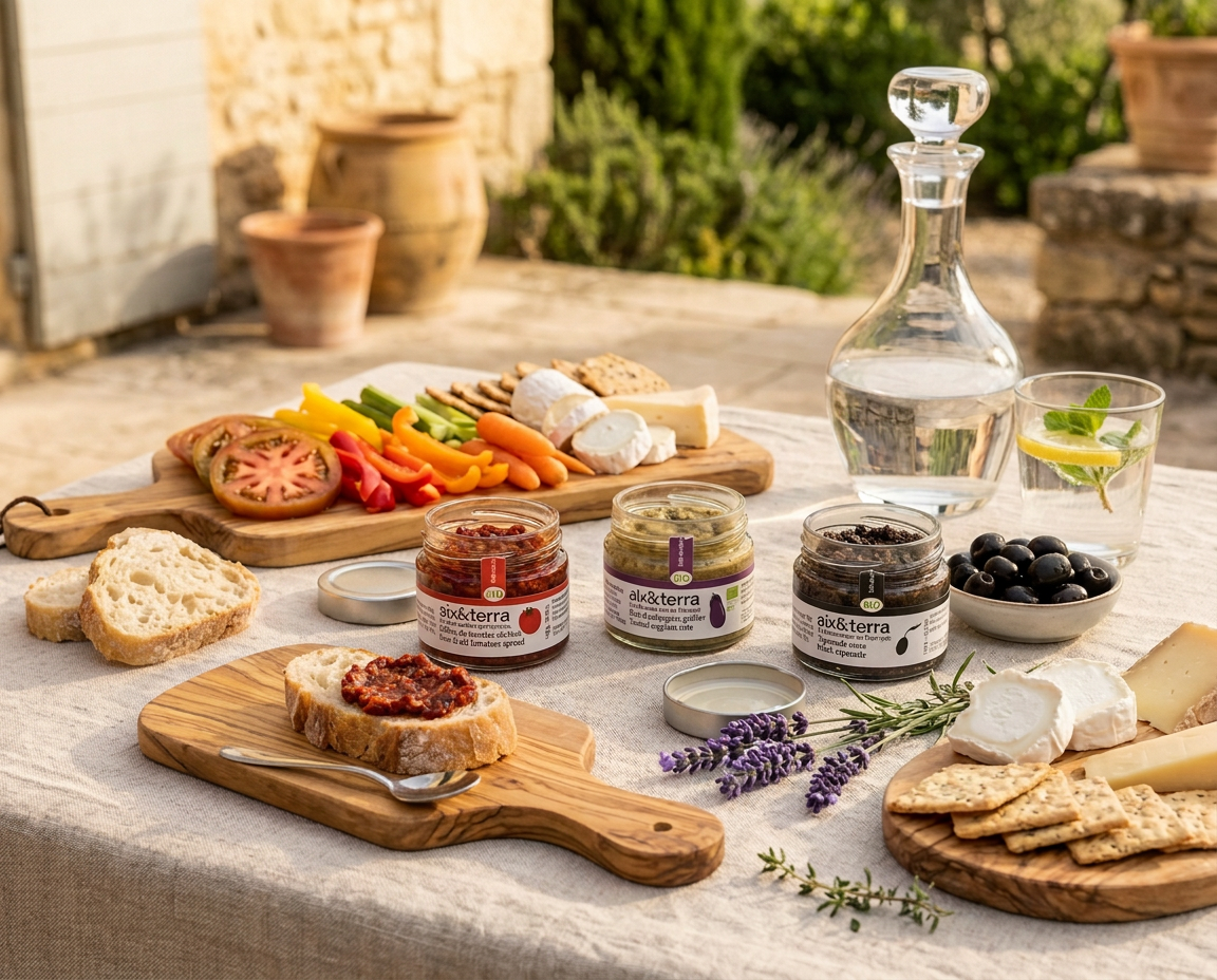 Table dressée en extérieur avec une sélection de produits d’épicerie fine Aix & Terra. Au premier plan, des tartines garnies de tartinade, accompagnées de pots de tapenades et condiments. À l’arrière, une planche de légumes croquants, fromages et pain. Une carafe d’eau, un verre citron-menthe, des olives noires, des crackers et des herbes aromatiques complètent cette scène conviviale aux saveurs provençales.