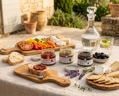 Table dressée en extérieur avec une sélection de produits d’épicerie fine Aix & Terra. Au premier plan, des tartines garnies de tartinade, accompagnées de pots de tapenades et condiments. À l’arrière, une planche de légumes croquants, fromages et pain. Une carafe d’eau, un verre citron-menthe, des olives noires, des crackers et des herbes aromatiques complètent cette scène conviviale aux saveurs provençales.